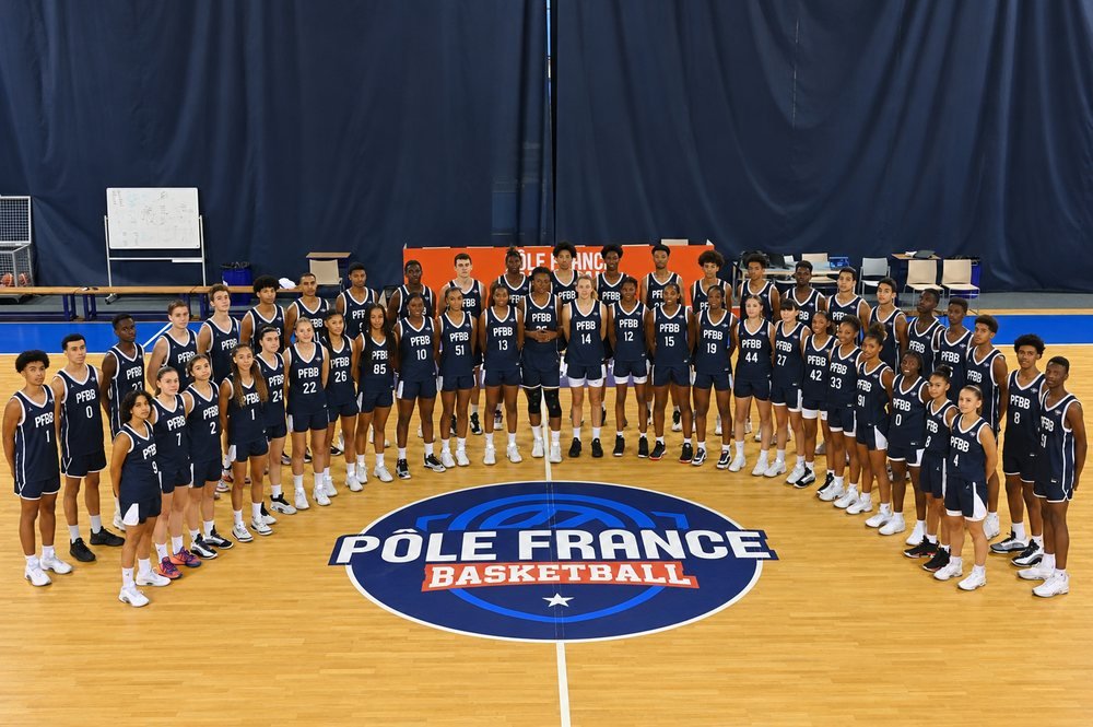 Photo de groupe de jeunes joueurs et joueuses du Pôle France Basketball