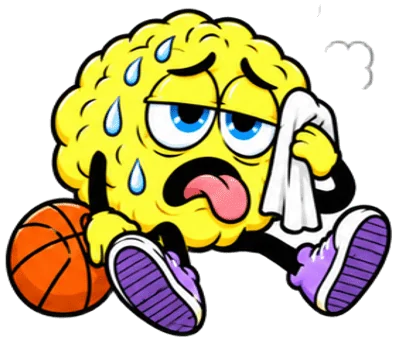 La mascotte cerveau de BECOME YOURSELF, épuisée, assise avec son ballon et sa serviette