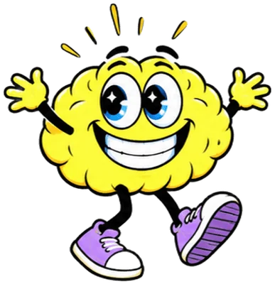 La mascotte cerveau, bras ouverts et tout sourire